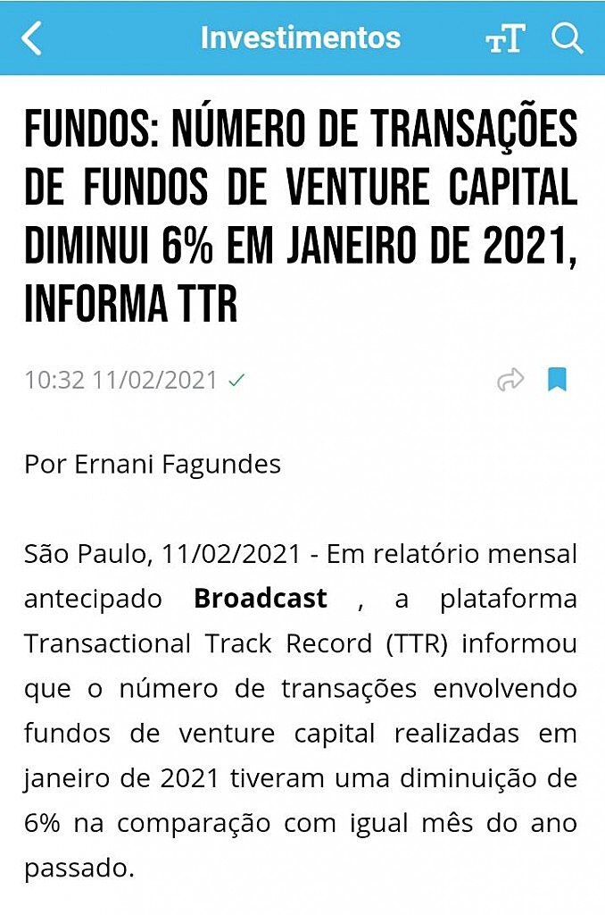 Nmero de transaes de fundos de venture capital diminui 6% em janeiro de 2021, informa TTR